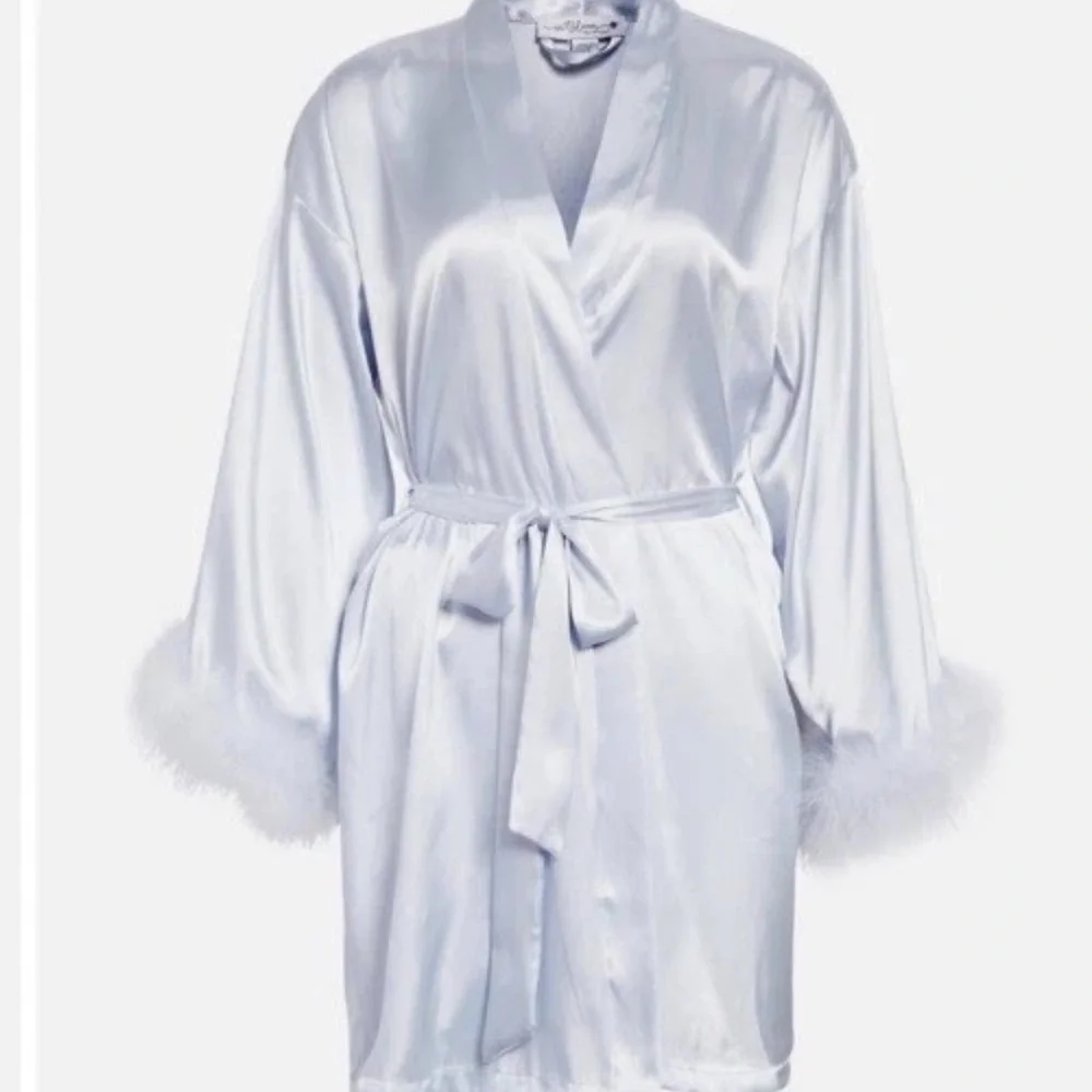 Elegant light Blue Satin Robe and Chemise with Feather Trim